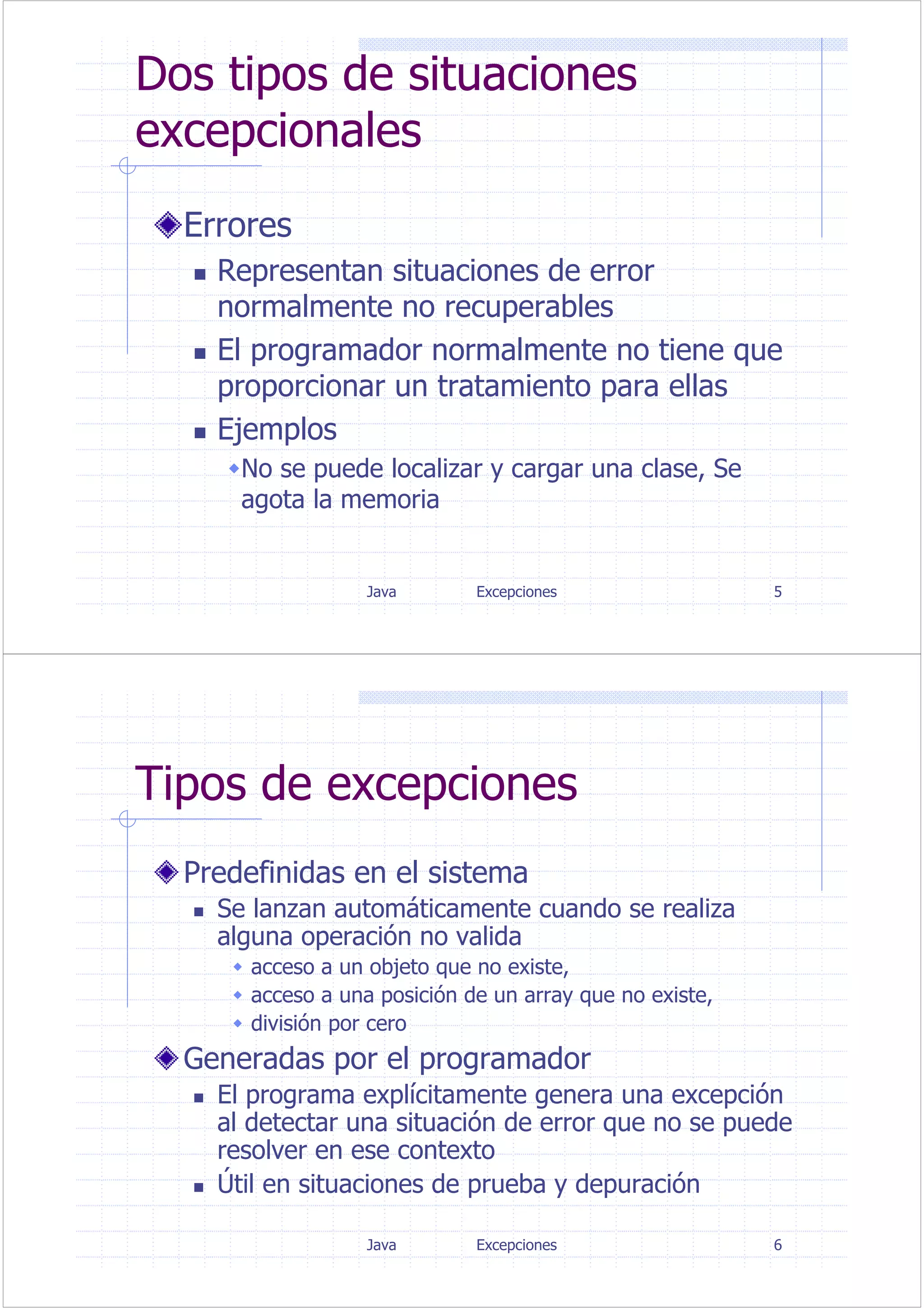 Java Excepciones 5
Dos tipos de situaciones
excepcionales
Errores
Representan situaciones de error
normalmente no recuperables
El programador normalmente no tiene que
proporcionar un tratamiento para ellas
Ejemplos
No se puede localizar y cargar una clase, Se
agota la memoria
Java Excepciones 6
Tipos de excepciones
Predefinidas en el sistema
Se lanzan automáticamente cuando se realiza
alguna operación no valida
acceso a un objeto que no existe,
acceso a una posición de un array que no existe,
división por cero
Generadas por el programador
El programa explícitamente genera una excepción
al detectar una situación de error que no se puede
resolver en ese contexto
Útil en situaciones de prueba y depuración
 
