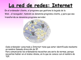 La red de redes: Internet En el ordenador cliente, el programa que gestiona la bajada de la Web , el navegador, también se denomina programa cliente, y para que sea transferida se denomina programa servidor. Cada ordenador conectado a Internet tiene que estar identificado mediante un nombre llamado dirección de IP. Para comunicarse los ordenadores necesitan una serie de normas, porque necesitan hablar en el mismo idioma, en lo que se conoce con el nombre de TCP. 