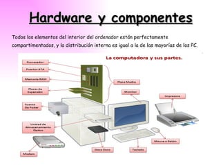 Hardware y componentes Todos los elementos del interior del ordenador están perfectamente compartimentados, y la distribución interna es igual a la de las mayorías de los PC. 