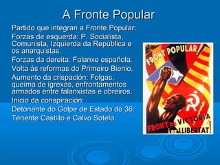 A Fronte Popular
Partido que integran a Fronte Popular:
Forzas de esquerda: P. Socialista,
Comunista, Izquierda da República e
os anarquistas.
Forzas da dereita: Falanxe española.
Volta ás reformas do Primeiro Bienio.
Aumento da crispación: Folgas,
queima de igrexas, enfrontamentos
armados entre falanxistas e obreiros.
Inicio da conspiración:
Detonante do Golpe de Estado do 36:
Tenente Castillo e Calvo Sotelo.
 