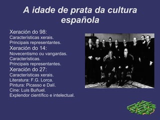 A idade de prata da cultura
                española
Xeración do 98:
Características xerais.
Principais representantes.
Xeración do 14:
Novecentismo ou vangardas.
Características.
Principais representantes.
Xeración do 27:
Características xerais.
Literatura: F.G. Lorca.
Pintura: Picasso e Dalí.
Cine: Luis Buñuel.
Explendor científico e intelectual.
 