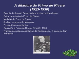 A ditadura do Primo de Rivera
                   (1923-1930)
Derrota de Annual: Desencadena a crise do liberalismo.
Golpe de estado de Primo de Rivera:
Medidas de Primo de Rivera:
Acabou ca guerra de Marrocos.
Prosperidade económica.
Oposición a Primo de Rivera: Dimisión 1930.
Fracaso da volta á constitución da Restauración: O pacto de San
Sebastián.
 