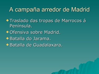 A campaña arredor de Madrid
 Traslado das tropas de Marrocos á
  Península.
 Ofensiva sobre Madrid.

 Batalla do Jarama.

 Batalla de Guadalaxara.
 