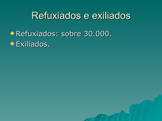 Refuxiados e exiliados
 Refuxiados:   sobre 30.000.
 Exiliados.
 