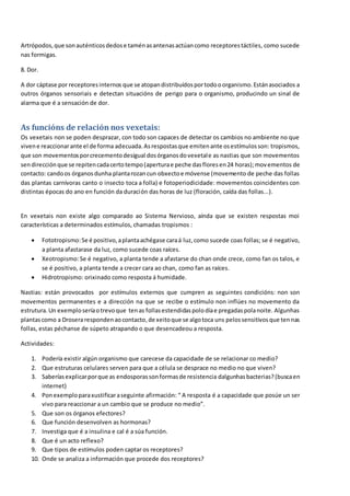 Artrópodos,que sonauténticosdedose taménasantenasactúancomo receptorestáctiles, como sucede
nas formigas.
8. Dor.
A dor cáptase por receptoresinternos que se atopandistribuídosportodooorganismo.Estánasociados a
outros órganos sensoriais e detectan situacións de perigo para o organismo, producindo un sinal de
alarma que é a sensación de dor.
As funcións de relación nos vexetais:
Os vexetais non se poden desprazar, con todo son capaces de detectar os cambios no ambiente no que
vivene reaccionarante el de forma adecuada.Asrespostasque emitenante osestímulosson: tropismos,
que son movementosporcrecementodesigual dosórganosdovexetale as nastias que son movementos
sendirecciónque se repitencadacertotempo(aperturae peche dasfloresen24 horas);movementos de
contacto: candoos órganosdunha plantarozancun obxectoe móvense (movemento de peche das follas
das plantas carnívoras canto o insecto toca a folla) e fotoperiodicidade: movementos coincidentes con
distintas épocas do ano en función da duración das horas de luz (floración, caída das follas...).
En vexetais non existe algo comparado ao Sistema Nervioso, aínda que se existen respostas moi
características a determinados estímulos, chamadas tropismos :
 Fototropismo:Se é positivo,aplantaachégase caraá luz,como sucede coas follas; se é negativo,
a planta afastarase da luz, como sucede coas raíces.
 Xeotropismo:Se é negativo, a planta tende a afastarse do chan onde crece, como fan os talos, e
se é positivo, a planta tende a crecer cara ao chan, como fan as raíces.
 Hidrotropismo: orixinado como resposta á humidade.
Nastias: están provocados por estímulos externos que cumpren as seguintes condicións: non son
movementos permanentes e a dirección na que se recibe o estímulo non inflúes no movemento da
estrutura.Un exemploseríaotrevoque tenas follasestendidaspolodíae pregadaspolanoite. Algunhas
plantascomo a Droserarespondenaocontacto,de xeitoque se algotoca uns pelossensitivosque tennas
follas, estas péchanse de súpeto atrapando o que desencadeou a resposta.
Actividades:
1. Podería existir algún organismo que carecese da capacidade de se relacionar co medio?
2. Que estruturas celulares serven para que a célula se desprace no medio no que viven?
3. Saberíasexplicarporque as endosporassonformasde resistencia dalgunhas bacterias?(buscaen
internet)
4. Ponexemploparaxustificaraseguinte afirmación: “ A resposta é a capacidade que posúe un ser
vivo para reaccionar a un cambio que se produce no medio”.
5. Que son os órganos efectores?
6. Que función desenvolven as hormonas?
7. Investiga que é a insulina e cal é a súa función.
8. Que é un acto reflexo?
9. Que tipos de estímulos poden captar os receptores?
10. Onde se analiza a información que procede dos receptores?
 