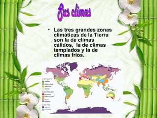 • Las tres grandes zonas
  climáticas de la Tierra
  son la de climas
  cálidos, la de climas
  templados y la de
  climas fríos.
 
