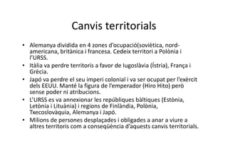 Canvis territorials
• Alemanya dividida en 4 zones d’ocupació(soviètica, nord-
americana, britànica i francesa. Cedeix territori a Polònia i
l’URSS.
• Itàlia va perdre territoris a favor de Iugoslàvia (Ístria), França i
Grècia.
• Japó va perdre el seu imperi colonial i va ser ocupat per l’exèrcit
dels EEUU. Manté la figura de l’emperador (Hiro Hito) però
sense poder ni atribucions.
• L’URSS es va annexionar les repúbliques bàltiques (Estònia,
Letònia i Lituània) i regions de Finlàndia, Polònia,
Txecoslovàquia, Alemanya i Japó.
• Milions de persones desplaçades i obligades a anar a viure a
altres territoris com a conseqüència d’aquests canvis territorials.
 