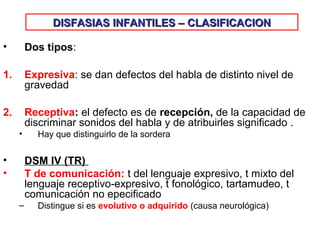 DISFASIAS INFANTILES –DISFASIAS INFANTILES – CLASIFICACIONCLASIFICACION
• Dos tipos:
1. Expresiva: se dan defectos del habla de distinto nivel de
gravedad
2. Receptiva: el defecto es de recepción, de la capacidad de
discriminar sonidos del habla y de atribuirles significado .
• Hay que distinguirlo de la sordera
• DSM IV (TR)
• T de comunicación: t del lenguaje expresivo, t mixto del
lenguaje receptivo-expresivo, t fonológico, tartamudeo, t
comunicación no epecificado
– Distingue si es evolutivo o adquirido (causa neurológica)
 