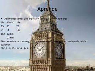 Aprende
• Así multiplicamos una expresión compleja por un número:
5h 22min 25s
15 66 75
+1 +1 15s
16h 67min
07min
Si en los minutos o los segundos pasamos de 60, hacemos un cambio a la unidad
superior.
5h 22min 25sx3=16h 7min 15s
 