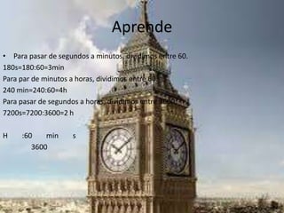Aprende
• Para pasar de segundos a minutos, dividimos entre 60.
180s=180:60=3min
Para par de minutos a horas, dividimos entre 60.
240 min=240:60=4h
Para pasar de segundos a horas, dividimos entre 3600.
7200s=7200:3600=2 h
H :60 min s
3600
 