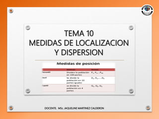 TEMA 10
MEDIDAS DE LOCALIZACION
Y DISPERSION
DOCENTE. MSc. JAQUELINE MARTINEZ CALDERON
 