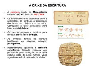 A ORIXE DA ESCRITURA
● A escritura xurdiu en Mesopotamia
cara ao 3500 a.C. Inicio da HISTORIA
● Os funcionarios e os sacerdotes tiñan a
necesidade de controlar a propiedade
das terras, as colleitas e os impostos.
Comezaron a facer anotacións para
levar a contabilidade.
● Os reis empregaron a escritura para
redactar ordes, leis e códigos.
● As primeiras formas de escritura
basábanse en sinxelos debuxos:
pictogramas.
● Posteriormente apareceu a escritura
cuneiforme, facendo incisións cun
punzón de punta triangular sobre unha
pequna táboa de arxila húmida. Cada
signo tiña o valor fonético dunha sílaba.
 