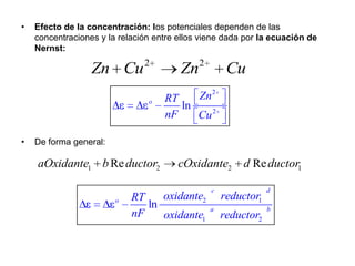 •   Efecto de la concentración: los potenciales dependen de las
    concentraciones y la relación entre ellos viene dada por la ecuación de
    Nernst:
                               2             2
                  Zn Cu                 Zn            Cu
                                o   RT       Zn 2
                                       ln
                                    nF    Cu 2

•   De forma general:

    aOxidante1 b Re ductor2             cOxidante2        d Re ductor1

                                                 c               d
                        o   RT    oxidante2          reductor1
                               ln                a               b
                            nF    oxidante1          reductor2
 
