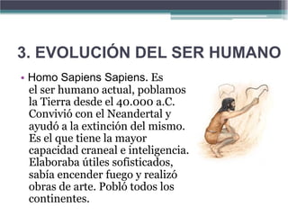 3. EVOLUCIÓN DEL SER HUMANO
• Homo Sapiens Sapiens. Es
  el ser humano actual, poblamos
  la Tierra desde el 40.000 a.C.
  Convivió con el Neandertal y
  ayudó a la extinción del mismo.
  Es el que tiene la mayor
  capacidad craneal e inteligencia.
  Elaboraba útiles sofisticados,
  sabía encender fuego y realizó
  obras de arte. Pobló todos los
  continentes.
 