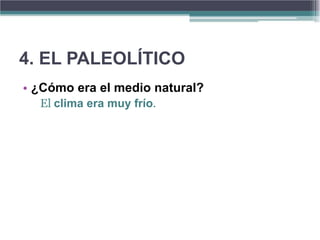4. EL PALEOLÍTICO
• ¿Cómo era el medio natural?
  El clima era muy frío.
 