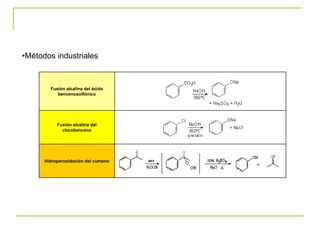 •Métodos industriales


        Fusión alcalina del ácido
           bencenosulfónico




           Fusión alcalina del
             clorobenceno




      Hidroperoxidación del cumeno
 