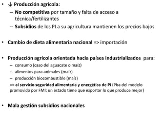 • ↓ Producción agrícola:
– No competitiva por tamaño y falta de acceso a
técnica/fertilizantes
– Subsidios de los PI a su agricultura mantienen los precios bajos
• Cambio de dieta alimentaria nacional => importación
• Producción agrícola orientada hacia países industrializados para:
– consumo (caso del aguacate o maíz)
– alimentos para animales (maíz)
– producción biocombustible (maíz)
=> al servicio seguridad alimentaria y energética de PI (Pba del modelo
promovido por FMI: un estado tiene que exportar lo que produce mejor)
• Mala gestión subsidios nacionales
 