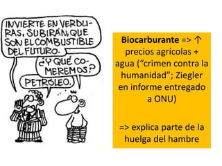 Biocarburante => ↑
precios agrícolas +
agua (“crimen contra la
humanidad”; Ziegler
en informe entregado
a ONU)
=> explica parte de la
huelga del hambre
 