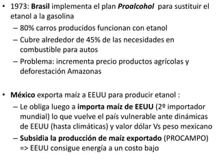 • 1973: Brasil implementa el plan Proalcohol para sustituir el
etanol a la gasolina
– 80% carros producidos funcionan con etanol
– Cubre alrededor de 45% de las necesidades en
combustible para autos
– Problema: incrementa precio productos agrícolas y
deforestación Amazonas
• México exporta maíz a EEUU para producir etanol :
– Le obliga luego a importa maíz de EEUU (2º importador
mundial) lo que vuelve el país vulnerable ante dinámicas
de EEUU (hasta climáticas) y valor dólar Vs peso mexicano
– Subsidia la producción de maíz exportado (PROCAMPO)
=> EEUU consigue energía a un costo bajo
 