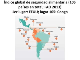 Índice global de seguridad alimentaria (105
países en total; FAO 2013)
1er lugar: EEUU; lugar 105: Congo
 