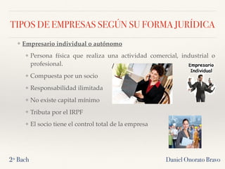 TIPOS DE EMPRESAS SEGÚN SU FORMA JURÍDICA
Daniel Onorato Bravo2º Bach
❖ Empresario individual o autónomo
❖ Persona física ...