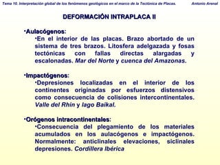 DEFORMACIÓN INTRAPLACA II Aulacógenos :  En el interior de las placas. Brazo abortado de un sistema de tres brazos. Litosfera adelgazada y fosas tectónicas con fallas directas alargadas y escalonadas.  Mar del Norte  y  cuenca del Amazonas . Impactógenos :  Depresiones localizadas en el interior de los continentes originadas por esfuerzos distensivos como consecuencia de colisiones intercontinentales.  Valle del Rhin  y  lago Baikal . Orógenos intracontinentales :  Consecuencia del plegamiento de los materiales acumulados en los aulacógenos e impactógenos. Normalmente: anticlinales elevaciones, siclinales depresiones.  Cordillera Ibérica 