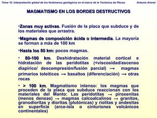 MAGMATISMO EN LOS BORDES DESTRUCTIVOS Zonas muy activas . Fusión de la placa que subduce y de los materiales que arrastra.  Magmas de composición ácida o intermedia . La mayoría se forman a más de 100 km Hasta los 80 km:  pocos magmas.  80-100 km . Deshidratación material cortical e hidratación de las peridotitas (<viscosidad/ascenso diapírico/   descompresión/fusión parcial)  ->   magmas primarios toleíticos  ->   basaltos (diferenciación)  ->   otras rocas > 100 km . Magmatismo intenso: los magmas que proceden de la placa que subduce reaccionan con los materiales del Manto: Las peridotitas  ->   piroxenitas (menos densas)  ->   magmas calcoalcalinos  ->  granitos, granodioritas y dioritas (plutónicas) y riolitas y andesitas en superficie (arco-isla o cinturiones volcánicos continentales)‏ 