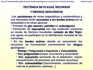TECTÓNICA DE PLACAS, RECURSOS Y RIESGOS GEOLÓGICOS Los  yacimientos  de rocas magmáticas y metamórficas y sus minerales están  asociados a los bordes activos  (en la actualidad o en otras épocas)‏ Trampas de   gas natural  y  petróleo  en  aulacógenos Formación de  sapropeles  (no hay oxidación excesiva) en zonas de fractura inundadas ( estadio de Mar Rojo ). Las aguas no participan en la distribución mundial de las corrientes En los  bordes activos  -donde se concentran los recursos)- se incrementan enormemente los  riesgos  geológicos:  Riesgo  = Peligrosidad x Exposición x Vulnerabilidad Más  peligrosidad  (mayor ocurrencia y severidad)‏ Más  exposición  (aumento de la población: mayor concentración de personas que extraen recursos).  Más  vulnerabilidad  (hacinamiento, condiciones de vida de la población, pobreza…)‏ 