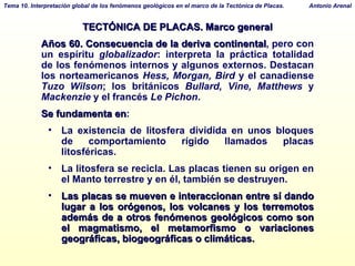 TECTÓNICA DE PLACAS. Marco general Años 60. Consecuencia de la deriva continental , pero con un espíritu  globalizador : interpreta la práctica totalidad de los fenómenos internos y algunos externos. Destacan los norteamericanos  Hess, Morgan, Bird  y el canadiense  Tuzo Wilson ; los británicos  Bullard, Vine, Matthews  y  Mackenzie  y el francés  Le Pichon .  Se fundamenta en : La existencia de litosfera dividida en unos bloques de comportamiento rígido llamados placas litosféricas.  La litosfera se recicla. Las placas tienen su origen en el Manto terrestre y en él, también se destruyen. Las placas se mueven e interaccionan entre sí dando lugar a los orógenos, los volcanes y los terremotos además de a otros fenómenos geológicos como son el magmatismo, el metamorfismo o variaciones geográficas, biogeográficas o climáticas. 