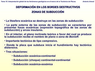 DEFORMACIÓN EN LOS BORDES DESTRUCTIVOS ZONAS DE SUBDUCCIÓN La litosfera oceánica se destruye en las zonas de subducción La parte externa de las zonas de subducción se caracteriza por presentar fosas oceánicas (expresión topográfica de las zonas de subducción) y arcos insulares.  En el interior, el plano inclinado teórico a favor del cual se produce la subducción recibe el nombre de plano o zona de  Benioff.   Importante tectónica de tipo compresivo.  Donde la placa que subduce inicia el hundimiento hay tectónica distensiva. Tres situaciones: Subducción oceánica-continental Subducción (choque) continental-continental Subducción oceánica-oceánica 