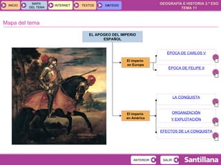 Mapa del tema EL APOGEO DEL IMPERIO ESPAÑOL El imperio  en Europa El imperio  en América ÉPOCA DE CARLOS V ÉPOCA DE FELIPE II LA CONQUISTA ORGANIZACIÓN Y EXPLOTACIÓN EFECTOS DE LA CONQUISTA 