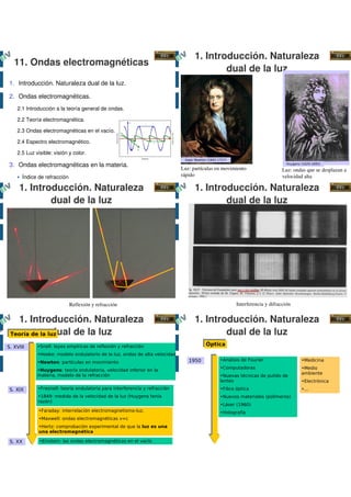1. Introducción. Naturaleza 
        11. Ondas electromagnéticas
                                                                                                dual de la luz
      1. Introducción. Naturaleza dual de la luz.

      2. Ondas electromagnéticas.
         2.1 Introducción a la teoría general de ondas.

         2.2 Teoría electromagnética.

         2.3 Ondas electromagnéticas en el vacío.

         2.4 Espectro electromagnético.

         2.5 Luz visible: visión y color.
                                                                                   Isaac Newton (1642-1727)
      3. Ondas electromagnéticas en la materia.                                                                                       Huygens (1629-1695)
                                                                                  Luz: partículas en movimiento                     Luz: ondas que se desplazan a 
            Índice de refracción                                                  rápido                                            velocidad alta

          1. Introducción. Naturaleza                                                   1. Introducción. Naturaleza 
                  dual de la luz                                                                dual de la luz




                                   Reflexión y refracción                                                     Interferencia y difracción


        1. Introducción. Naturaleza                                                     1. Introducción. Naturaleza 
4C
                    dual de la luz
      Teoría de la luz                                                                          dual de la luz
     S. XVIII     •Snell: leyes empíricas de reflexión y refracción                            Óptica
                  •Hooke: modelo ondulatorio de la luz, ondas de alta velocidad
                                                                                     1950              •Análisis de Fourier                   •Medicina
                  •Newton: partículas en movimiento
                                                                                                       •Computadoras                          •Medio
                  •Huygens: teoría ondulatoria, velocidad inferior en la
                  materia, modelo de la refracción                                                                                            ambiente
                                                                                                       •Nuevas técnicas de pulido de
                                                                                                       lentes                                 •Electrónica
      S. XIX      •Fresnell: teoría ondulatoria para interferencia y refracción                        •Fibra óptica                          •...
                  •1849: medida de la velocidad de la luz (Huygens tenía                               •Nuevos materiales (polímeros)
                  razón)
                                                                                                       •Láser (1960)
                   •Faraday: interrelación electromagnetismo-luz.                                      •Holografía
                   •Maxwell: ondas electromagnéticas v=c
                   •Hertz: comprobación experimental de que la luz es una
                   una electromagnética

      S. XX        •Einstein: las ondas electromagnéticas en el vacío
 