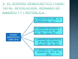 LA REVOLUCIÓN DE 1868 – LA
               GLORIOSA (sept. – oct.)


               EL GOBIERNO PROVISIONAL Y
               LA CONSTITUCION DE 1869
               (oct. 1869 – enero 1871)
   SEXENIO
DEMOCRÁTICO
 (1868-1874)   LA MONARQUÍA DEMOCRÁTICA
                  DE AMADEO I DE SABOYA
                 (enero 1871 – feb. 1873)

               LA I REPÚBLICA Y LA CRISIS DEL
                  SEXENIO (feb. 1873 – dic.
                           1874)
 