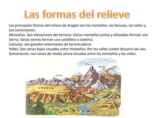Las principales formas del relieve de Aragón son las montañas, las llanuras, los valles y
Los somontanos:
Montañas. Son elevaciones del terreno. Varias montañas juntas y alineadas forman una
Sierra; Varias sierras forman una cordillera o sistema.
Llanuras: son grandes extensiones de terreno plano.
Valles: Son zonas bajas situadas entre montañas. Por los valles suelen discurrir los ríos.
Somontanos: son zonas de media altura situadas entre las montañas y los valles.
 