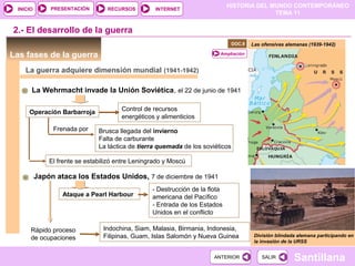 HISTORIA DEL MUNDO CONTEMPORÁNEO
TEMA 11
RECURSOS INTERNETPRESENTACIÓN
Santillana
INICIO
SALIRSALIRANTERIORANTERIOR
División blindada alemana participando en
la invasión de la URSS
La Wehrmacht invade la Unión Soviética, el 22 de junio de 1941
Operación Barbarroja Control de recursos
energéticos y alimenticios
2.- El desarrollo de la guerra
Las fases de la guerra
La guerra adquiere dimensión mundial (1941-1942)
Frenada por Brusca llegada del invierno
Falta de carburante
La táctica de tierra quemada de los soviéticos
El frente se estabilizó entre Leningrado y Moscú
Japón ataca los Estados Unidos, 7 de diciembre de 1941
Ataque a Pearl Harbour
- Destrucción de la flota
americana del Pacífico
- Entrada de los Estados
Unidos en el conflicto
Rápido proceso
de ocupaciones
Indochina, Siam, Malasia, Birmania, Indonesia,
Filipinas, Guam, Islas Salomón y Nueva Guinea
Las ofensivas alemanas (1939-1942)
Ampliación
DOC.8
 