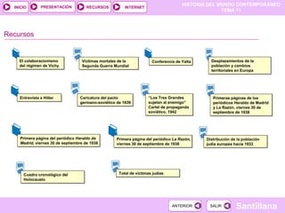 HISTORIA DEL MUNDO CONTEMPORÁNEO
TEMA 11
RECURSOS INTERNETPRESENTACIÓN
Santillana
INICIO
SALIRSALIRANTERIORANTERIOR
Recursos
El colaboracionismo
del régimen de Vichy
El colaboracionismo
del régimen de Vichy
Conferencia de YaltaConferencia de Yalta Desplazamientos de la
población y cambios
territoriales en Europa
Desplazamientos de la
población y cambios
territoriales en Europa
Entrevista a HitlerEntrevista a Hitler “Los Tres Grandes
sujetan al enemigo”
Cartel de propaganda
soviético, 1942
“Los Tres Grandes
sujetan al enemigo”
Cartel de propaganda
soviético, 1942
Caricatura del pacto
germano-soviético de 1939
Caricatura del pacto
germano-soviético de 1939
Víctimas mortales de la
Segunda Guerra Mundial
Víctimas mortales de la
Segunda Guerra Mundial
Primeras páginas de los
periódicos Heraldo de Madrid
y La Razón, viernes 30 de
septiembre de 1938
Primeras páginas de los
periódicos Heraldo de Madrid
y La Razón, viernes 30 de
septiembre de 1938
Primera página del periódico Heraldo de
Madrid, viernes 30 de septiembre de 1938
Primera página del periódico Heraldo de
Madrid, viernes 30 de septiembre de 1938
Primera página del periódico La Razón,
viernes 30 de septiembre de 1938
Primera página del periódico La Razón,
viernes 30 de septiembre de 1938
Distribución de la población
judía europea hacia 1933
Distribución de la población
judía europea hacia 1933
Cuadro cronológico del
Holocausto
Cuadro cronológico del
Holocausto
Total de víctimas judíasTotal de víctimas judías
 