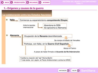 HISTORIA DEL MUNDO CONTEMPORÁNEO
TEMA 11
RECURSOS INTERNETPRESENTACIÓN
Santillana
INICIO
SALIRSALIRANTERIORANTERIOR
La colaboración entre los Estados fascistas
Italia Comienza su expansionismo conquistando Etiopia
1.- Orígenes y causas de la guerra
Ante la repulsa
internacional
Abandona la SDN
Se aproxima a Alemania
Alemania Ocupación de la Renania desmilitarizada
Se rompe el tratado de Versalles
Participa, con Italia, en la Guerra Civil Española
Apoyo a Franco
A pesar de haber firmado el Acuerdo de No Intervención
Facilita la creación del “eje” Roma-Berlín
Y más tarde, con Japón, el Pacto Antikomintern contra la URSS
 