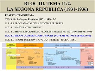 BLOC III. TEMA 11/2.
LA SEGONA REPÚBLICA (1931-1936)
EDAT CONTEMPORÀNIA
TEMA 11.- La Segona República (1931-1936) / T-2
11.1.- LA PROCLAMACIÓ DE LA SEGONA REPÚBLICA.
11.2.- EL PERÍODE CONSTITUENT.
11.3.- EL BIENNI REFORMISTA O PROGRESSISTA (ABRIL 1931-NOVEMBRE 1933).
11.4.- EL BIENNI CONSERVADOR O NEGRE (NOVEMBRE 1933-FEBRER 1936).
11.5.- EL TRIOMF DEL FRONT POPULAR (FEBRER – JULIOL 1936).
 