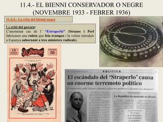 11.4.4.- La crisi del bienni negre
11.4.- EL BIENNI CONSERVADOR O NEGRE
(NOVEMBRE 1933 - FEBRER 1936)
La crisi del govern:
L’anomenat cas de l’ “Estraperlo” (Strauss i Perl
fabricaren una ruleta que feia trampes i la volien introduir
a Espanya subornant a tres ministres radicals).
 