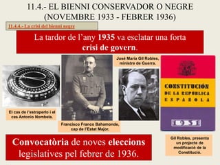 11.4.4.- La crisi del bienni negre
11.4.- EL BIENNI CONSERVADOR O NEGRE
(NOVEMBRE 1933 - FEBRER 1936)
José María Gil Robles,
ministre de Guerra.
Francisco Franco Bahamonde,
cap de l’Estat Major.
La tardor de l’any 1935 va esclatar una forta
crisi de govern.
Convocatòria de noves eleccions
legislatives pel febrer de 1936.
Gil Robles, presenta
un projecte de
modificació de la
Constitució.
El cas de l’estraperlo i el
cas Antonio Nombela.
 