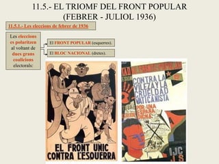 11.5.1.- Les eleccions de febrer de 1936
11.5.- EL TRIOMF DEL FRONT POPULAR
(FEBRER - JULIOL 1936)
Les eleccions
es polaritzen
al voltant de
dues grans
coalicions
electorals:
El FRONT POPULAR (esquerres).
El BLOC NACIONAL (dretes).
 