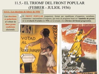 11.5.1.- Les eleccions de febrer de 1936
11.5.- EL TRIOMF DEL FRONT POPULAR
(FEBRER - JULIOL 1936)
Les eleccions
es polaritzen
al voltant de
dues grans
coalicions
electorals:
El FRONT POPULAR (esquerres), format per republicans d’esquerres, socialistes,
comunistes i nacionalistes d’esquerra, que tenia un programa basat en l’amnistia als presos
de la revolució d’octubre de 1934, en la tornada a les reformes del bienni progressista.
 