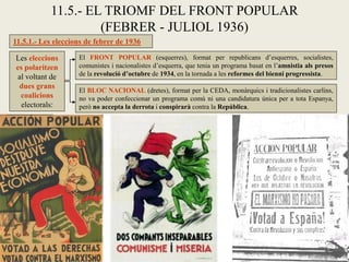 11.5.1.- Les eleccions de febrer de 1936
11.5.- EL TRIOMF DEL FRONT POPULAR
(FEBRER - JULIOL 1936)
Les eleccions
es polaritzen
al voltant de
dues grans
coalicions
electorals:
El FRONT POPULAR (esquerres), format per republicans d’esquerres, socialistes,
comunistes i nacionalistes d’esquerra, que tenia un programa basat en l’amnistia als presos
de la revolució d’octubre de 1934, en la tornada a les reformes del bienni progressista.
El BLOC NACIONAL (dretes), format per la CEDA, monàrquics i tradicionalistes carlins,
no va poder confeccionar un programa comú ni una candidatura única per a tota Espanya,
però no accepta la derrota i conspirarà contra la República.
 