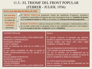 11.5.1.- Les eleccions de febrer de 1936
11.5.- EL TRIOMF DEL FRONT POPULAR
(FEBRER - JULIOL 1936)
Les eleccions
es polaritzen
al voltant de
dues grans
coalicions
electorals:
El FRONT POPULAR (esquerres), format per republicans d’esquerres, socialistes,
comunistes i nacionalistes d’esquerra, que tenia un programa basat en l’amnistia als presos
de la revolució d’octubre de 1934, en la tornada a les reformes del bienni progressista.
El BLOC NACIONAL (dretes), format per la CEDA, monàrquics i tradicionalistes carlins,
no va poder confeccionar un programa comú ni una candidatura única per a tota Espanya,
però no accepta la derrota i conspirarà contra la República.
“ACCIÓN POPULAR
¡CONTRA LA REVOLUCIÓN y SUS CÓMPLICES!
Revolución o contrarrevolución.
Anti-España o España.
O ellos o nosotros.
Quien se abstenga de votar es un traidor y un
criminal.
El que siendo propietario de algo no ayuda al
Frente contrarrevolucionario es un suicida y un
insensato.
Hay que aplastar la Revolución.
El marxismo no pasará.
Todo el poder para el JEFE.
¡VOTAD A ESPAÑA!
¡CONTRA LA REVOLUCIÓN y SUS CÓMPLICES!
Elector:
Si quieres conservar el bienestar que disfrutas,
sacrifica tu egoísmo el próximo 13 y 23 de febrero, y
aunque tengas que hacer cola como vulgar
ciudadano, no dejes de votar.
EN LAS PASADAS ELECCIONES NO LO HICISTE.
¿Te lo impidió una gran enfermedad?
¿O, por el contrario, fue la satisfacción de un
capricho, o lo que es peor, tu cobardía, la causa de
que no cumplieras tu deber de ciudadano?
TU VOTO HACE FALTA A ESPAÑA.
Que tu nombre no haya de ser execrado por los
buenos españoles.”
 