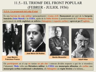 És una barreja de colp militar (principalment) i trama civil: finançament per part de la burgesia
bancària (Joan March) i la CEDA, ajuda de la Itàlia feixista (i posteriorment de l’Alemanya nazi),
participació de civils englobats en milícies (falangistes i requetès carlins) i aprovat per l’església.
11.5.- EL TRIOMF DEL FRONT POPULAR
(FEBRER - JULIOL 1936)
11.5.4.- La preparació del colp d’estat
Joan March i
Francisco Franco
José María Gil Robles
Adolf Hitler
Benito Mussolini
Els participants en el cop no tenien un pla clar i estaven dividits respecte a què fer si triomfava
l’alçament: Mola volia una Dictadura militar, la CEDA una monarquia alfonsina, els carlins una
monarquia carlina tradicional o absolutista, els falangistes un règim feixista a la italiana,...
 
