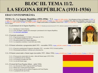 EDAT CONTEMPORÀNIA
TEMA 11.- La Segona República (1931-1936) / T-2. 1v preg. op B (2004, setembre) = De la Dictadura de Primo a la II República. 2v TEXT, op
A (2005, juny) = Canvis de Restauració a la II República. 3v preg. op B (2005, setembre). 4v TEXT, op A (2006, setembre) = Constitució 1931, religió i fases II República i causes Guerra Civil.
5v TEXT, op A (2007, setembre). 6v TEXT, op A (2008, setembre) = Religió i partits polítics en II República i Guerra Civil. 7v TEXT, op A (2009, juny) = Ideologia de Largo Caballero i paper
en la seva època.
11.1.- La proclamació de la Segona República. MAPA 15: Resultats provincials eleccions IV-1931, indicant on guanyaren forces republicanes.
11.1.1.- Introducció. Context històric.
11.1.2.- Canvi de Règim: caiguda de la monarquia i proclamació de la Segona República.
11.1.3.- Les eleccions municipals.
11.2.- El període constituent.
11.2.1.- El govern provisional (14 d’abril - 28 de juny de 1931).
11.2.2.- La Constitució republicana de 1931.
11.2.3.- Els partits polítics de la Segona República.
11.2.4.- La conjuntura econòmica i social dels anys trenta.
11.3.- El bienni reformista o progressista (abril 1931 – novembre 1933). 1v preg. op B (2011, setembre). 2v preg. op A (2013, setembre).
11.3.1.- El govern constitucional d’esquerres (desembre 1931 – novembre 1933). Evolució política.
11.3.2.- Els principals problemes i reformes per solucionar-los.
11.4.- El bienni conservador o bienni negre (novembre 1933 - febrer 1936). 1v preg. op B (2010, juny). 2v preg. op B (2010, setembre). 3v preg. op A (2012, juny).
11.4.1.- El nou govern conservador de centre - dreta del bienni negre (1933-1936).
11.4.2.- La paralització de les reformes.
11.4.3.- La revolució d’octubre del 1934.
11.4.4.- La crisi del bienni negre.
11.5.- El triomf del Front Popular (febrer – juliol 1936).
11.5.1.- Les eleccions de 1936 i el govern del Front Popular.
11.5.2.- Motius de la victòria del Front Popular.
11.5.3.- Accions de govern de la coalició d’esquerres del Front Popular.
11.5.4.- La preparació del cop d’estat.
BLOC III. TEMA 11/2.
LA SEGONA REPÚBLICA (1931-1936)
 