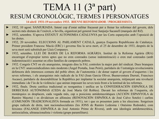 TEMA 11 (3ª part)
RESUM CRONOLÒGIC, TERMES I PERSONATGES
14 abril 1931-19 novembre 1933. BIENNI REFORMADOR / PROGRESSISTA.
► 1932, 10 agost. SANJURJADA. Intent cop d’estat militar fracassat per a frenar les reformes del govern, dels
sectors més dretans de l’exèrcit, a Sevilla, organitzat pel general José Sanjurjo Sacanell (marquès del Rif).
► 1932, setembre. S’aprova ESTATUT AUTONOMIA CATALUNYA per les Corts espanyoles amb l’oposició de
les dretes.
► 1932, 20 novembre. ELECCIONS AL PARLAMENT CATALÀ, guanya Esquerra Republicana de Catalunya.
Primer president Francesc Macià (ERC) i governa fins la seva mort, el 25 de desembre de 1933, desprès de la
seva mort serà substituït per Lluís Companys.
► 1932, setembre. LLEI DE BASES DE LA REFORMA AGRÀRIA. Institut de la Reforma Agrària (IRA)
encarregat d’expropiar terres aptes que no eren conreades (sense indemnització) o eren mal conreades (amb
indemnització) i assentar en elles famílies de camperols pobres.
► 1932. Congrés CNT on els anarquistes, integrats dins la FAI, controlen la major part del sindicat. Dues branques
en la CNT: anarcosindicalistes més moderats (Àngel Pestaña, Joan Peiró), partidaris de l’estratègia revolucionària
defensora dels interessos comuns del poble obrer, de l’autonomia i de donar suport al govern d’esquerres i les
seves reformes, i els anarquistes més radicals de la FAI (Joan Garcia Oliver, Buenaventura Durruti, Francisco
Ascaso), partidaris de desestabilitzar la República per implantar la societat anarquista, mitjançant una revolució
immediata i de l’ús de la violència i que aniran imposant les seves tesis front a la lentitud de les reformes.
► 1932, finals. Dreta catòlica tradicional es reorganitza i unifica en la CONFEDERACIÓN ESPAÑOLA DE
DERECHAS AUTÓNOMAS (CEDA de José María Gil Robles). Davant les reformes de l’esquerra, els
monàrquics es desplacen, cada vegada més, cap a posicions antidemocràtiques (ACCIÓN ESPANYOLA de
Ramiro Maeztu) i es divideixen en alfonsins (RENOVACIÓN ESPAÑOLA de José Calvo Sotelo) i carlins
(COMUNIÓN TRADICIONALISTA formada en 1931), tot i que es presenten junts a les eleccions. Sorgeixen
grups radicals de dreta, tant nacionalsocialistes (les JONS de Ramiro Ledesma i Onésimo Redondo), com
feixistes (FALANGE ESPAÑOLA de José Antonio Primo de Rivera), amb una ideologia antidemocràtica,
antisocialista, ultranacionalista i violenta (grups paramilitars).
 