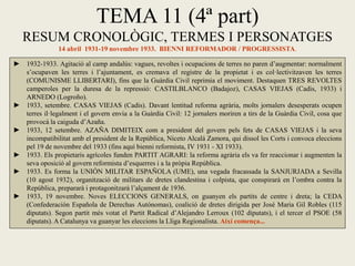 TEMA 11 (4ª part)
RESUM CRONOLÒGIC, TERMES I PERSONATGES
14 abril 1931-19 novembre 1933. BIENNI REFORMADOR / PROGRESSISTA.
► 1932-1933. Agitació al camp andalús: vagues, revoltes i ocupacions de terres no paren d’augmentar: normalment
s’ocupaven les terres i l’ajuntament, es cremava el registre de la propietat i es col·lectivitzaven les terres
(COMUNISME LLIBERTARI), fins que la Guàrdia Civil reprimia el moviment. Destaquen TRES REVOLTES
camperoles per la duresa de la repressió: CASTILBLANCO (Badajoz), CASAS VIEJAS (Cadis, 1933) i
ARNEDO (Logroño).
► 1933, setembre. CASAS VIEJAS (Cadis). Davant lentitud reforma agrària, molts jornalers desesperats ocupen
terres il·legalment i el govern envia a la Guàrdia Civil: 12 jornalers moriren a tirs de la Guàrdia Civil, cosa que
provocà la caiguda d’Azaña.
► 1933, 12 setembre. AZAÑA DIMITEIX com a president del govern pels fets de CASAS VIEJAS i la seva
incompatibilitat amb el president de la República, Niceto Alcalá Zamora, qui dissol les Corts i convoca eleccions
pel 19 de novembre del 1933 (fins aquí bienni reformista, IV 1931 - XI 1933).
► 1933. Els propietaris agrícoles funden PARTIT AGRARI: la reforma agrària els va fer reaccionar i augmenten la
seva oposició al govern reformista d’esquerres i a la pròpia República.
► 1933. Es forma la UNIÓN MILITAR ESPAÑOLA (UME), una vegada fracassada la SANJURJADA a Sevilla
(10 agost 1932), organització de militars de dretes clandestina i colpista, que conspirarà en l’ombra contra la
República, prepararà i protagonitzarà l’alçament de 1936.
► 1933, 19 novembre. Noves ELECCIONS GENERALS, on guanyen els partits de centre i dreta; la CEDA
(Confederación Española de Derechas Autónomas), coalició de dretes dirigida per José Maria Gil Robles (115
diputats). Segon partit més votat el Partit Radical d’Alejandro Lerroux (102 diputats), i el tercer el PSOE (58
diputats). A Catalunya va guanyar les eleccions la Lliga Regionalista. Així comença...
 