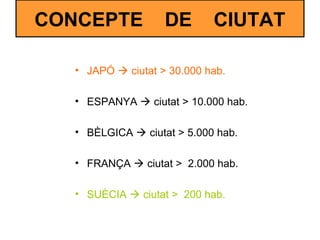 CONCEPTE DE CIUTAT
• JAPÓ  ciutat > 30.000 hab.
• ESPANYA  ciutat > 10.000 hab.
• BÈLGICA  ciutat > 5.000 hab.
• FRANÇA...