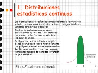 1. Distribuciones
estadísticas continuas
Las distribuciones estadísticas correspondientes a las variables
estadísticas continuas se estudian de forma análoga a las de las
variables estadísticas discretas.
Fácilmente podemos observar que el
área encerrada por todos los rectángulos
es la suma de las frecuencias relativas,
es decir, la unidad.
Si el proceso de ir acortando la longitud
de los intervalos se repite indefinidamente,
los polígonos de frecuencias correspondien-
tes tienden a una línea curva continua que
llamaremos función de densidad o función
de probabilidad.
Pa≤X ≤b=area coloreada
 